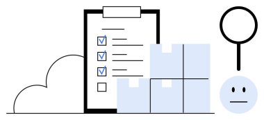 İşaretli görevleri olan kontrol listesi, istiflenmiş kutular, büyüteç, tarafsız yüz ve bulut. Lojistik, kalite kontrol, organizasyon zinciri verimlilik görev yönetimi ve planlama için idealdir. Basit.