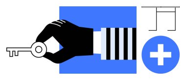 Bir plan ve haç simgesinin yanında siyah eldivenli el anahtarı, çözümlerin erişimini, güvenliğini ve anahtarlarını vurguluyor. Güvenlik, yönetim, sağlık, planlama, kilit açma fırsatları için ideal