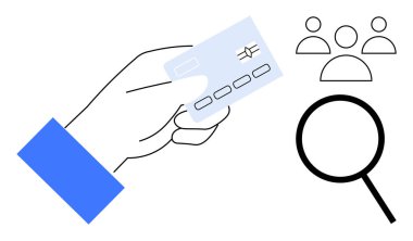 Bir kredi kartı sunumu, arama veya değerlendirmeyi sembolize eden büyüteç ve müşteri ya da kullanıcıları simgeleyen bir grup insan. Finans, güvenlik, ticaret, kullanıcı analizi ve araştırma için ideal