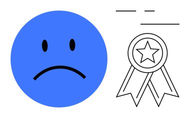 Asık suratlı mavi üzgün surat, yıldızlı bir ödül kurdelesinin siyah çizgisi yanında. Başarısızlık, hayal kırıklığı, reddedilme, mücadele, yerine getirilmemiş hedefler, motivasyon, kendini geliştirme için idealdir. Basit düz