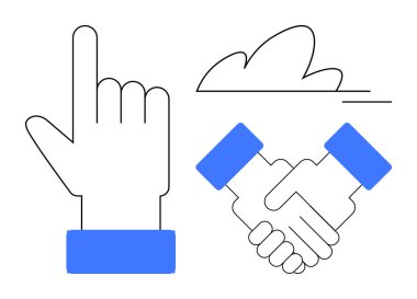 Eller yukarı, tokalaşma anlaşmayı sembolize eder, ve yaratıcılık için bulut çizimi. Takım çalışması, anlaşma, fırsat, teknoloji, iletişim yeniliği için ideal. Basit düz