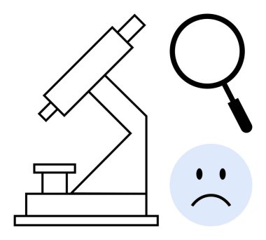 Bilimsel zorluklar. Mikroskop, büyüteç ve araştırmadaki hüzünlü yüz simgesi. Eğitimde bilimsel zorluklar, araştırma yöntemleri, analiz, teknoloji, keşif