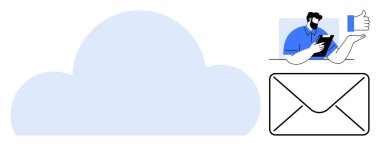 Mavi bulut, iletişim için zarf, ve baş parmaklarıyla geri bildirim yapan kişi. Bulut hesaplama, e-posta, mesajlaşma, depolama, iletişim ekip çalışması verimliliği için ideal. Basit düz