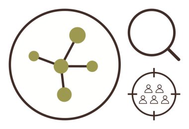Birbirine bağlı ağ düğümleri, büyüteç, ve insan simgeleriyle çapraz gölgeler. Bağlantı, arama, odaklanma, hedef alma, takım çalışması ağ analiz stratejisi için idealdir. Basit düz metafor