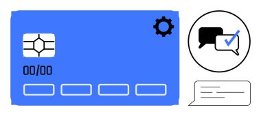 Çipli mavi ödeme kartı, ayarlar için vites simgesi, güvenli ileti ve doğrulama işaretini gösteren konuşma baloncukları. Finans, güvenlik, teknoloji, iletişim, e-ticaret, dijital araçlar için ideal