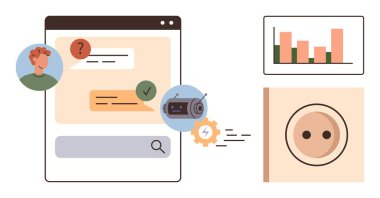 Kullanıcı iletileri ile sohbet arayüzü, çubuk grafik analizi, tıpa sembolü ve dişli entegre aygıt. Mesajlaşma, iletişim, analitik, teknolojik otomasyon bağlantıları için ideal. Basit.