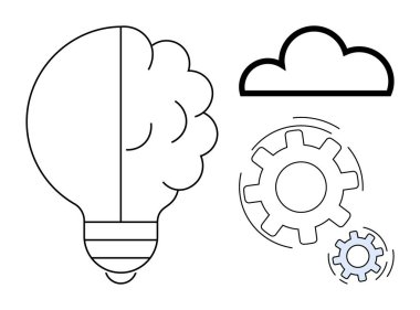 Beyin ampulü füzyonu fikirleri simgeler, süreç ve yenilik için vites, beyin fırtınası ve bulut teknolojisi için bulut. Yaratıcılık, problem çözme, yenilik, teknoloji ve işbirliği için ideal