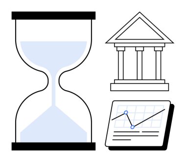 Kum saati zamanı sembolize eder, kurumları veya yönetimi yansıtır, veri eğilimlerini gösteren çizgi grafiği. Konseptler için ideal yatırım, ekonomi, planlama, analiz, strateji, süreler