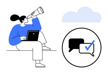 Teleskop kullanan bir kadın dizüstü bilgisayar kullanıyor, arka planda bulut, işaretli sohbet baloncukları. İletişim, teknoloji, mesajlaşma, strateji, analiz keşif işbirliği için idealdir. Minimalist daire