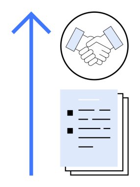 Mavi yukarı doğru ok, daire şeklinde tokalaşma ve istiflenmiş belgeler işbirliği, anlaşma, başarı ve profesyonel ilerlemeyi temsil ediyor. Takım çalışması, üretkenlik, ortaklık hedefleri için ideal