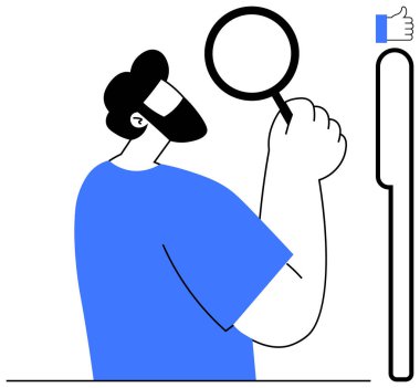 Değerlendirme konsepti. Büyüteç geribildirim ve teftişle analiz eden bir adam. Değerlendirme sistemleri, kalite güvencesi, karar verme mekanizması. Eğitim, işe alım, denetim süreci ve kalite kontrolü için harika