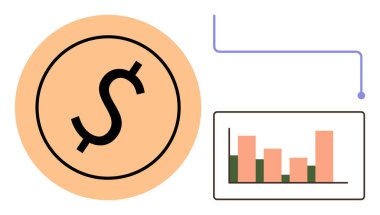Dolar işareti, finansal veri eğilimlerini vurgulayan bağlı bir bar tablosu ile çevrili. Finans, yatırım, analiz, planlama, büyüme, ekonomi, strateji için ideal düz metafor