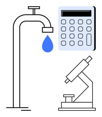 Damlayan su, hesap makinesi ve mikroskop koruma, ekonomi, araştırma, sürdürülebilirlik, analiz, problem çözme ve bilimsel çalışmayı sembolize ediyor. Eğitim kaynağı tasarrufu için ideal