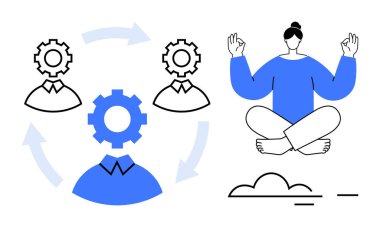 İş akışına bağlı üç insan figürü, bağlantıyı sembolize eden oklar. Bulutların üstünde meditasyon yapan biri. Takım çalışması, süreç yönetimi, farkındalık, denge, kendine bakım, sakinlik için ideal