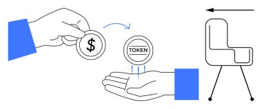 Jeton değişimi konsepti. El, para değişimi ve jetonlaşma arasındaki mali işlemleri gösteren bir illüstrasyon. Finans, engelleme zinciri, fintech, dijital ekonomi ve yatırım için kullanım
