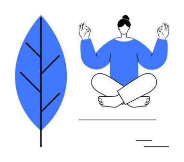 Lotus pozisyonunda oturan kadın meditasyon yapıyor ve el hareketlerini tutuyor, yanında mavi soyut bir yaprak var. Sağlık, farkındalık, kendine dikkat, yoga, denge, rahatlama minimalizmi için idealdir. Basit.
