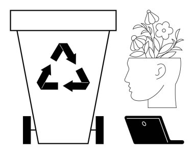 Oklarla geri dönüşüm kutusu, içinde yaratıcı düşünceleri sembolize eden çiçekler olan insan kafası ve yenilikleri gösteren dizüstü bilgisayar. Sürdürülebilirlik, yaratıcılık, eko-farkındalık, teknoloji, eğitim için ideal