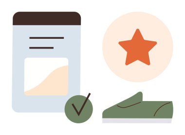 Basit etiketli ürün kutusu, yıldız derecelendirme sembolü, işaret ve yeşil spor ayakkabı. Kalite güvencesi, markalaşma, pazarlama, tüketici malları ürün tasarımı perakende alışveriş kararları için ideal. Basit.