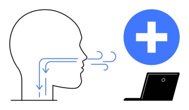 Tıbbi ikon ve dizüstü bilgisayarın yanında hava akışı yolları olan bir insan profili. Sağlık, teletıp, tanı, nefes egzersizleri, sağlık, çevrimiçi sağlık hizmetleri için ideal, basit düz metafor