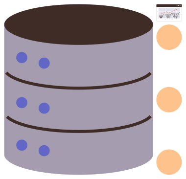 Silindirik sunucu yığını veritabanı deposunu, bağlı analitik ekranı ve işlem akışını temsil eder. Veri yönetimi, hesaplama, analitik, İnternet, teknoloji, bilgi depolama için ideal