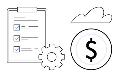 Tamamlanmış kontrol listesi, teçhizat, bulut ve dolar sembolü olan pano planlama, üretkenlik, bulut depolama ve finansal yönetimi vurguluyor. İş ve organizasyon teknolojisi için ideal finans