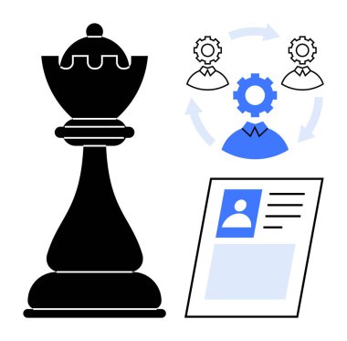 İşgücü yönetimi. Bir satranç taşıyla vurgulanmış iş gücü planlaması takım çalışması için vitesler ve veri akışına devam. İşgücü optimizasyonu, işe alım ve beceri geliştirme. İK için, üretkenlik