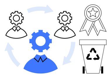 Vites başlığı simgeleri, takım çalışmasını sembolize ederek iş akışı döngüsünde dönerler. Ödül rozeti tanınmayı temsil ederken, geri dönüşüm kutusu verimliliği öneriyor. İş için ideal, iş akışı, İK, liderlik