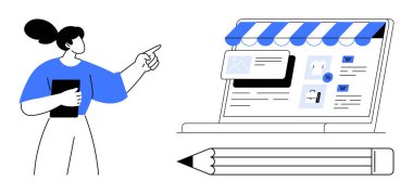 Mağaza vitrinleri ve ürün simgeleriyle çevrimiçi bir mağaza arayüzü gösteren dizüstü bilgisayarı gösteren bir kadın. E-ticaret, web tasarımı, yaratıcılık, pazarlama, satış, teknoloji için ideal