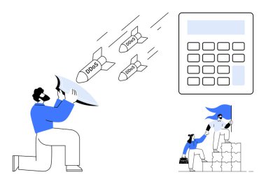 DDoS füzeleri kalkanı olan biri tarafından karşılık veriliyor, teknik çözümler için hesap makinesi, takım elinde bayrak olan bir blok yığınına tırmanıyor. Siber güvenlik, liderlik, takım çalışması, dayanıklılık ve işbirliği için ideal.