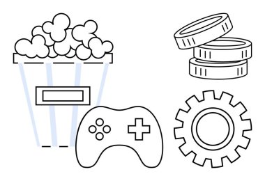 Patlamış mısır kovası, oyun kumandası, bozuk paralar ve vites ana hatları konsepti. Oyun, eğlence, ödüller, eğlence verimliliği stratejisi takım çalışması için idealdir. Basit düz metafor