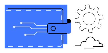 Devre tasarımı, vites simgesi ve dijital finans, teknoloji ve yenilikleri gösteren minimalist bulut içeren mavi cüzdan. Fintech, engelleme zinciri, online bankacılık, bağlantı bulutu hesaplaması için ideal
