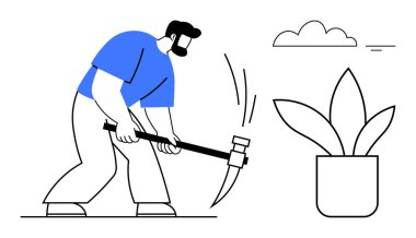 Bahçe işleri konsepti. Bahçıvan, toprak hazırlama ve bitki bakımı için kazma kullanıyor. Bahçe işleri büyüme, bitki bakımı, açık hava işleri ve sürdürülebilir uygulamaları içerir. Tarım ve hobiciler için.