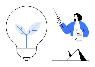 Yaprak filizi olan ampul, eğitimi sembolize eden bir kavramı işaret eden bir kalemle büyüme öğretmenini simgeler. Basit piramitler istikrarla ilgilidir. Ekoloji, öğrenme, yenilik ve enerji için ideal