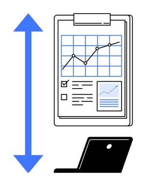 Laptop ve büyük mavi yukarı doğru okun yanında yükselen çizgi grafikleri, verileri ve kontrol listeleri olan pano. Analiz, ilerleme, büyüme, strateji, planlama, başarı yeniliği için ideal basit düz metafor