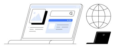 Arama çubuğu ve ortam küçük resimleri de dahil olmak üzere web sayfası ögelerini gösteren dizüstü bilgisayar, bir dünya sembolü ve kapalı bir dizüstü bilgisayarın yanında. Teknoloji, gezinme, SEO, ağ oluşturma, yenilik ve bağlantı için ideal