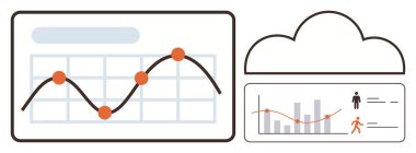 Veri noktaları, bar tablosu ve bulut sembollü çizgi grafiği, teknoloji ve analizi birbirine bağlıyor. Analiz, veri yönetimi, bulut hesaplama, performans izleme, iş anlayışı için ideal
