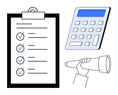 İşaretli görevleri olan kontrol listesi, vurgulanmış ekranlı hesap makinesi ve elle tutulan teleskop. Planlama, organizasyon, analiz, strateji, finans vizyon araştırması için ideal. Basit düz metafor