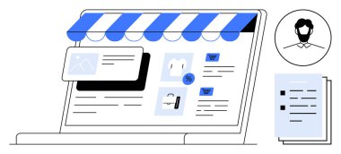 Laptop ekranında ürün kartları, indirim simgesi, kullanıcı profili ve görev listesi olan bir e-ticaret sitesi var. Çevrimiçi alışveriş, perakende satış, pazarlama, strateji ve teknoloji kullanıcısı deneyimi için ideal