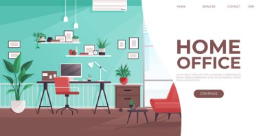 Uzaktan çalışma, üretkenlik, çalışma alanı tasarımı, ev dekorasyonu, sanal toplantılar, iç planlama. Masası, koltuk rafları ve bitkileri olan şık bir ofis. Uzak çalışma ve üretkenlik ilhamı