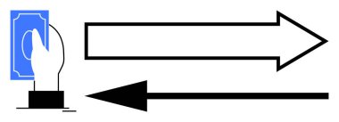 Finansal işlemler kavramı. Akış ve değişimi gösteren iki okla el ele tutuşan bir elin sembolik simgeleri. Ticaret, bankacılık, ticaret, e-ticaret ve ödeme için mali işlemler