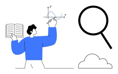 Grafik çizerken kitap tutan kişi. Yakınlarda büyüteç ve bulut var. Araştırma, analiz, öğrenme, keşif, eğitim ve keşif için ideal. En az düz metafor