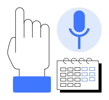 El işareti, mikrofon simgesi ve takvim programlama için ses komutlarını sembolize eder. Üretkenlik, teknoloji, organizasyon, otomasyon, ses tanıma, planlama erişilebilirliği için ideal