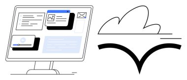 Bilgisayar ekranında yüzen bulut tasarımı ile çoklu görev uygulamaları gösteriliyor. Teknoloji, işbirliği, iş akışı, veri yönetimi, uzaktan çalışma, dijital yenilik, basit düz metafor