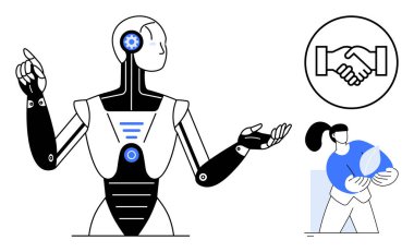 Robot yeniliği. Robot, çevre dostu ve iş birliği ikonu ile birlikte. Robot teknolojik ilerlemeyi, ekolojik bilinç etkileşimini ve takım çalışmasını yansıtıyor. Yapay zeka için uygun, sürdürülebilirlik