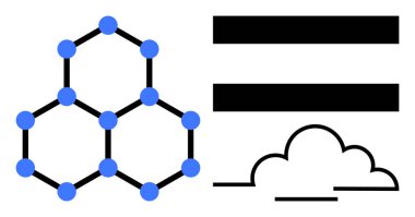 Bulut anahatlarının üzerindeki eşitlik çizgilerinin yanında mavi düğümleri olan altıgen molekül ızgarası. Bilim, teknoloji, bağlantı, eşitlik, çevre, veri sistemleri, yenilik temaları için idealdir. Temiz daire