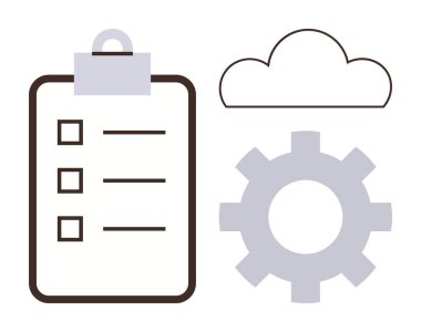 Pano kontrol listesi, bulut çizgisi ve görev yönetimini, bulut hesaplamasını ve otomasyonu temsil eden dişli simgesi. Çalışma akışı, planlama, verimlilik, proje organizasyon takım çalışması için ideal dijital