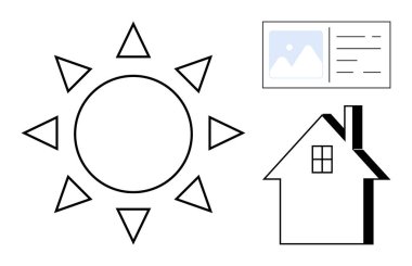 Işınlar saçan güneş, bacalı bir ev silueti ve bir fotoğraf kartı. Güneş enerjisi, doğa, ev, yaratıcılık, basitlik sürdürülebilirlik ve tasarım konuları için idealdir. Basit bir daire.