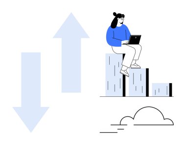 Yukarı ve aşağı doğru oklarla yükselen bar tablosu üzerinde çalışan bir kadın. Ticari ilerleme, analiz, büyüme eğilimleri, karar verme süreci, strateji, istatistik, basit düz metafor