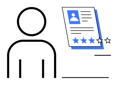 Profil detaylarına ve geri bildirim ve eleştirileri gösteren yıldız reytinglerine sahip kişinin ana hatları. Performans değerlendirmesi, askere alma, insan kaynakları, geri besleme sistemleri, kullanıcı deneyimi, iş için ideal