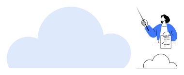 Büyük bir bulut grafiğinin yanında işaretleyici kullanarak bir belge sunan kişi. Eğitim, teknoloji, bulut hesaplama, planlama, eğitim, sunumlar, iletişim için ideal. Basit düz metafor